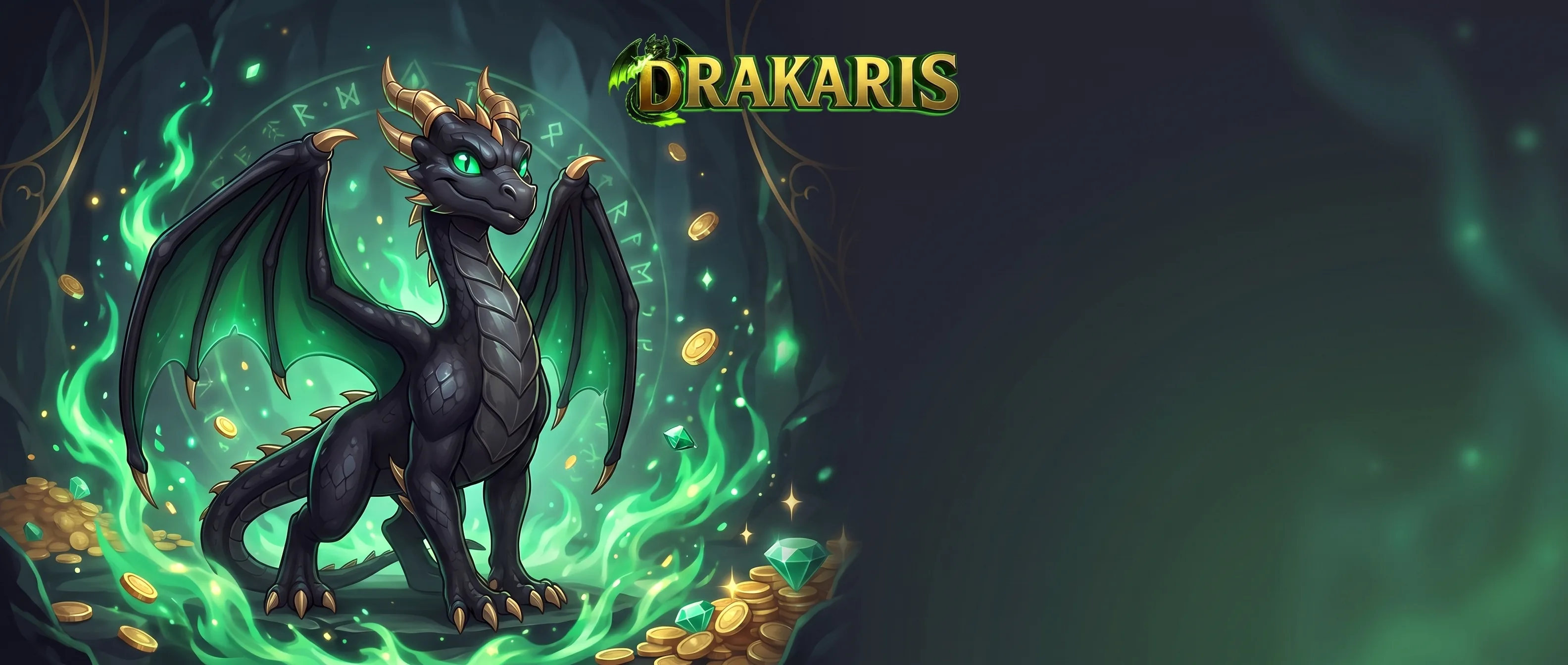 Drakaris Drache mit grünen Flammen und Goldmünzen